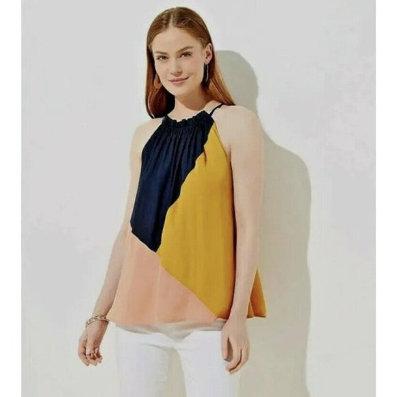 Loft Women's Top Petite PL Colorblock Blue Pink Yellow Halter Tank Blouse Flowy - Picture 1 of 10